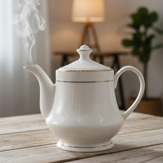 Femora Luxury Fluted Tea Kettle with Gold Trim Classic Vintage Ceramic Teapot