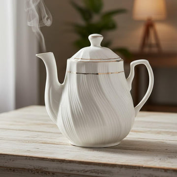 Femora Luxury Fluted Tea Kettle with Gold Trim Classic Vintage Ceramic Teapot