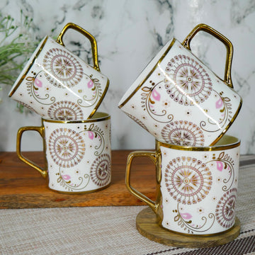 Premium Golden Rangoli Design Ceramic Coffee & Tea Cup Set of 4, 180 ML