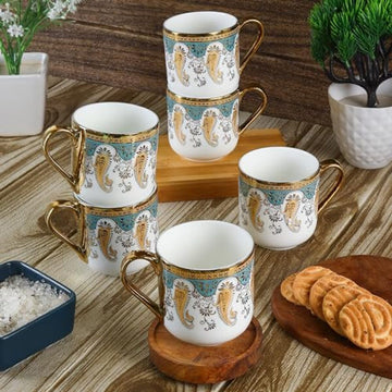 Femora Golden Royal Mehendi Print Blue Tea Mugs, Ceramic Tea Cups, Coffee Mugs (180 ml, Golden) - 6 Pcs Set (NOT Microwave Safe)