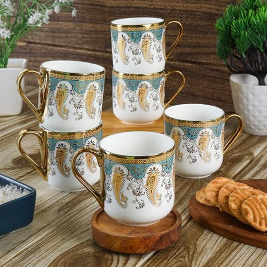 Premium Ceramic Golden Royal Mehendi Print blue Coffee & Tea Cup Set of 6, 180 ML, Femora