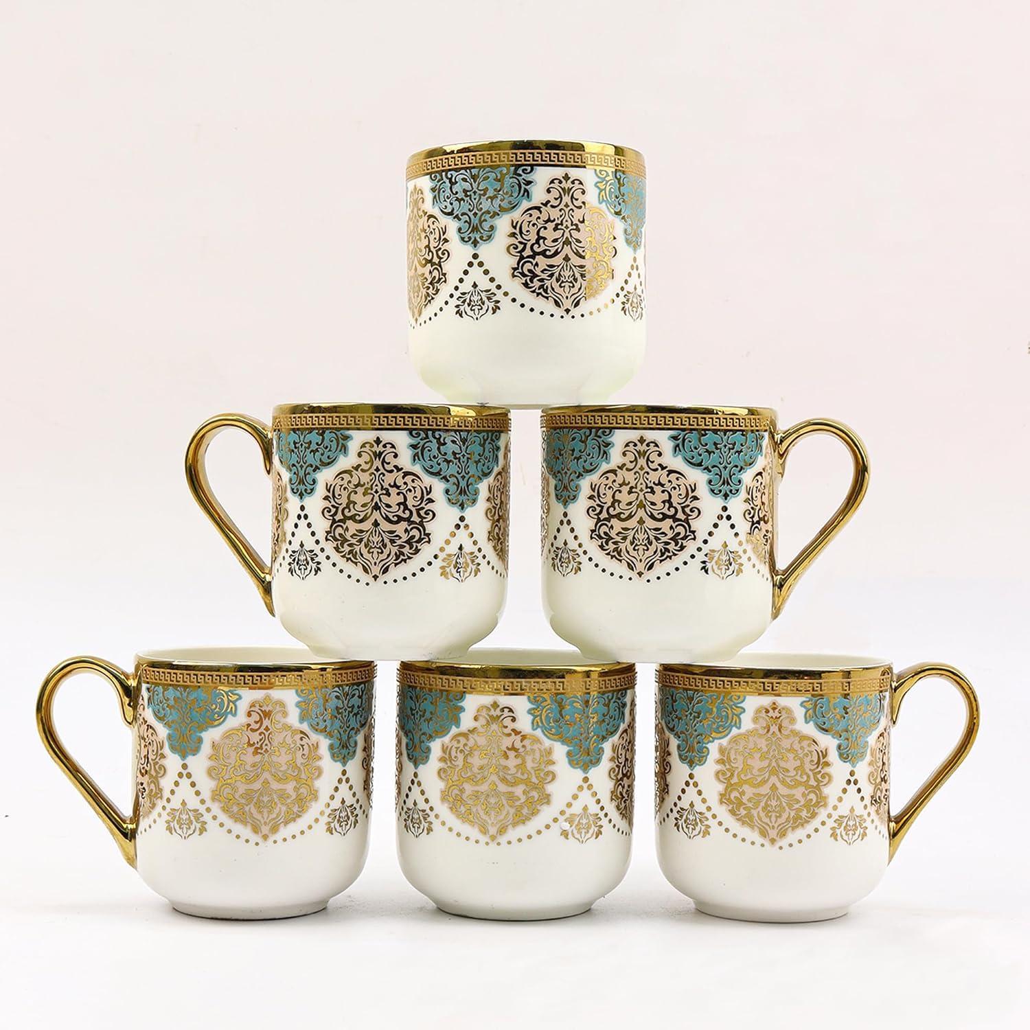 Premium Ceramic Royal Crowned Coffee & Tea Cup Set of 4, 180 ML, Green