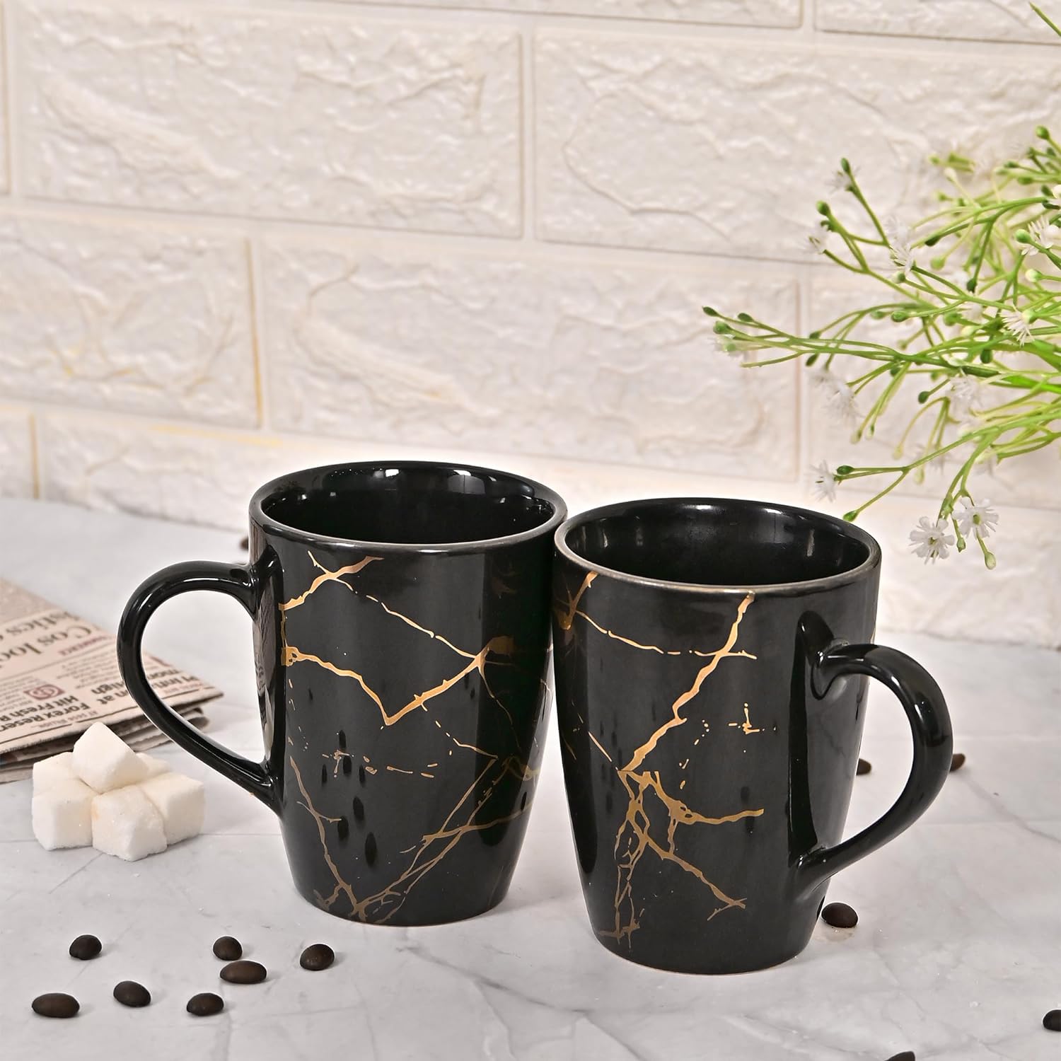 Ceramic Coffee Mug - Set of 2 (320ml) Marble Gold Print,Femora