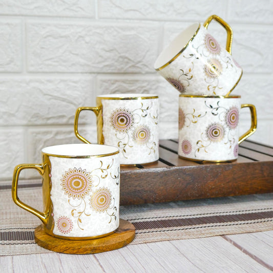 Gold Mandala Print Design Ceramic Coffee & Tea Cup Set of 4, 180 ML