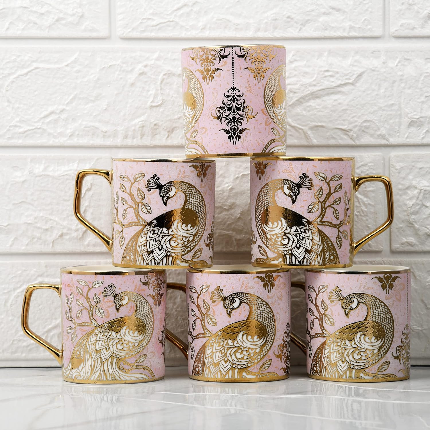 Premium Pink Peacock Pattern Golden Ceramic Coffee & Tea Cup Set of 4, 180 ML, Pink