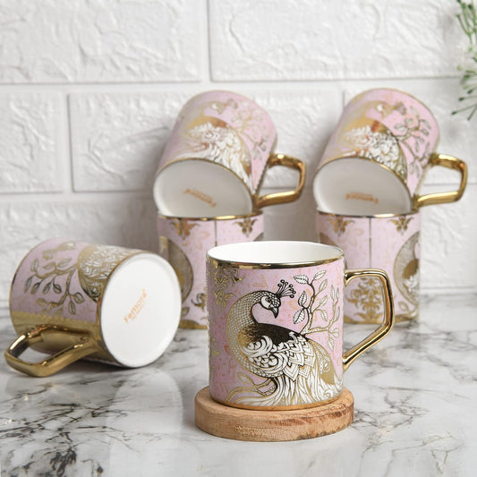 Premium Pink Peacock Pattern Golden Ceramic Coffee & Tea Cup Set of 4, 180 ML, Pink