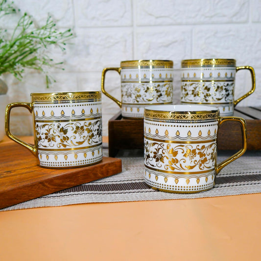 Premium Royal Golden Sage Print Design Ceramic Coffee & Tea Cup Set of 4, 180 ML