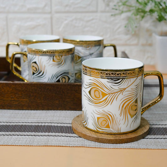 Premium Golden Peacock Feather Pattern Design Ceramic Coffee & Tea Cup Set of 4, 180 ML