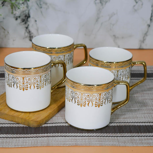 Premium Gold Safron Mandana Bandanwar Print Design Ceramic Coffee & Tea Cup Set of 4, 180 ML