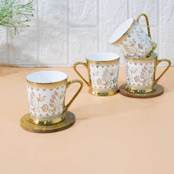 Premium Rose Gold Golden Leaf Ceramic Coffee & Tea Cup Set of 4, 160 ML