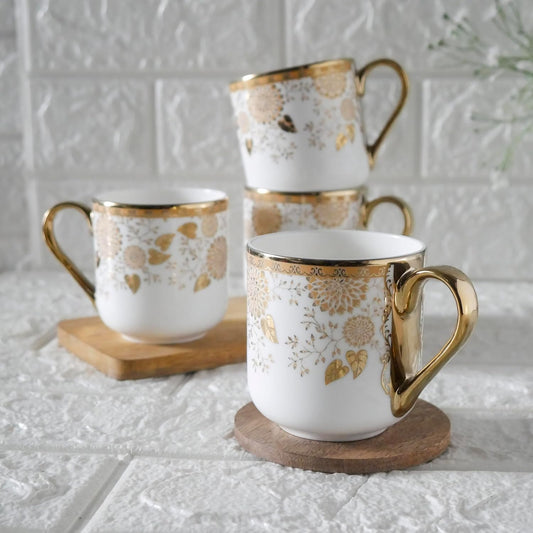 Premium Tea Leaf Design Ceramic Coffee & Tea Cup Set of 4, 180 ML, (NOT Microwave Safe)