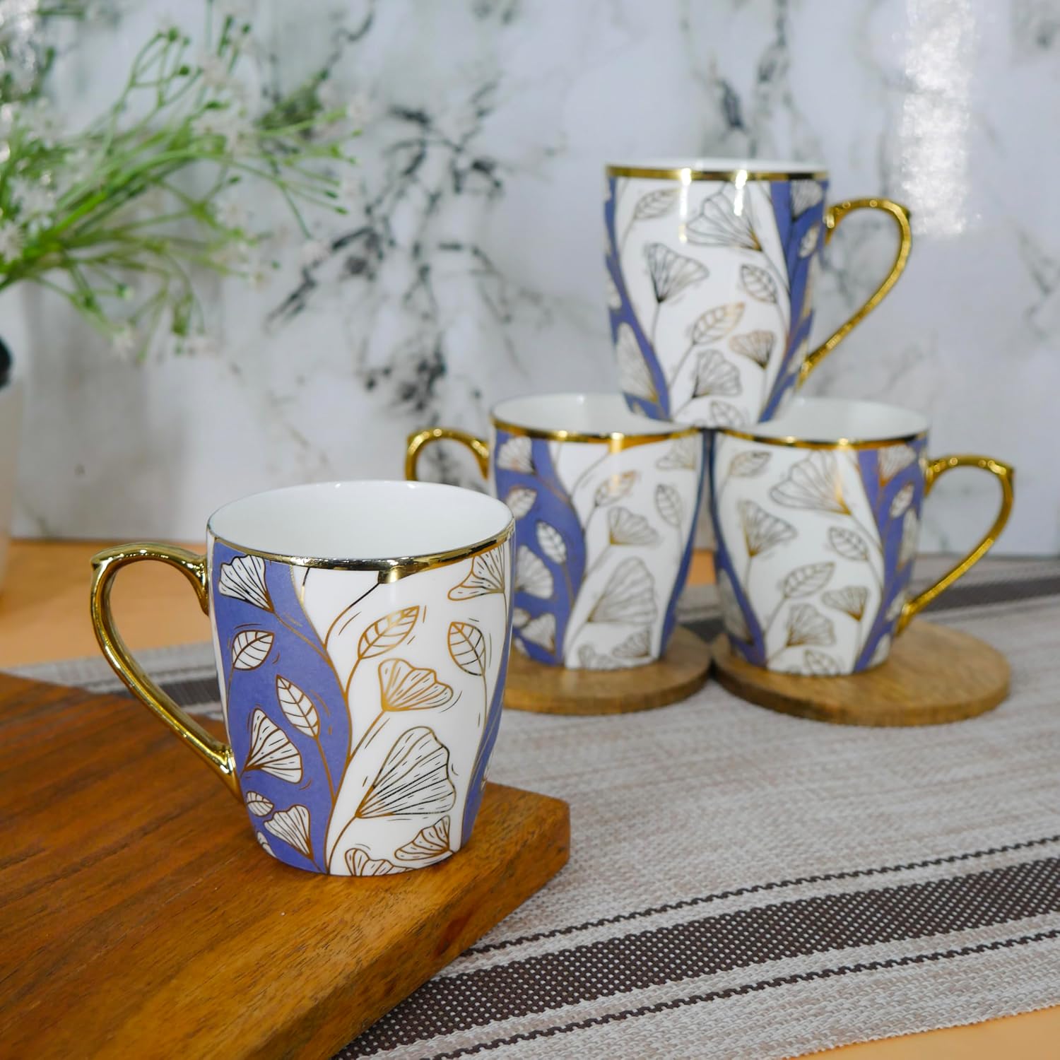 Premium Vintage Denim Gold Finery Design Ceramic Coffee & Tea Cup Set of 4, 160 ML