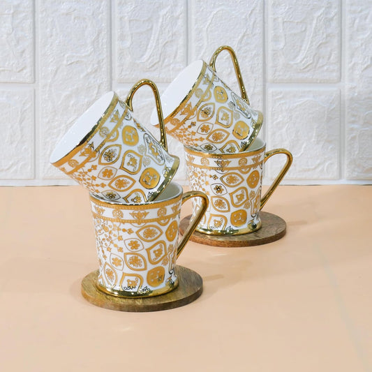 Premium Vintage Golden Print Ceramic Coffee & Tea Cup Set of 4, 180 ML