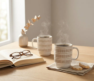 Femora Stoneware Ceramic Coffee Mug Set of 2 (350 ML) | Textured & Printed Pattern Tea & Coffee Cups
