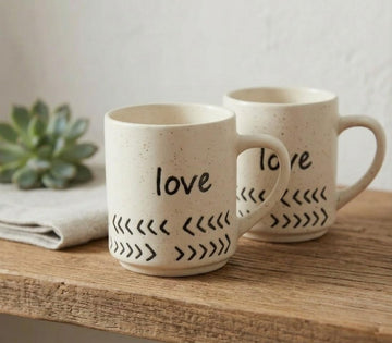 Femora Ceramic Coffee Mug Set of 2 (350 ML) | Text Printed & Pattern Design | Tea & Coffee Cups for Home & Office