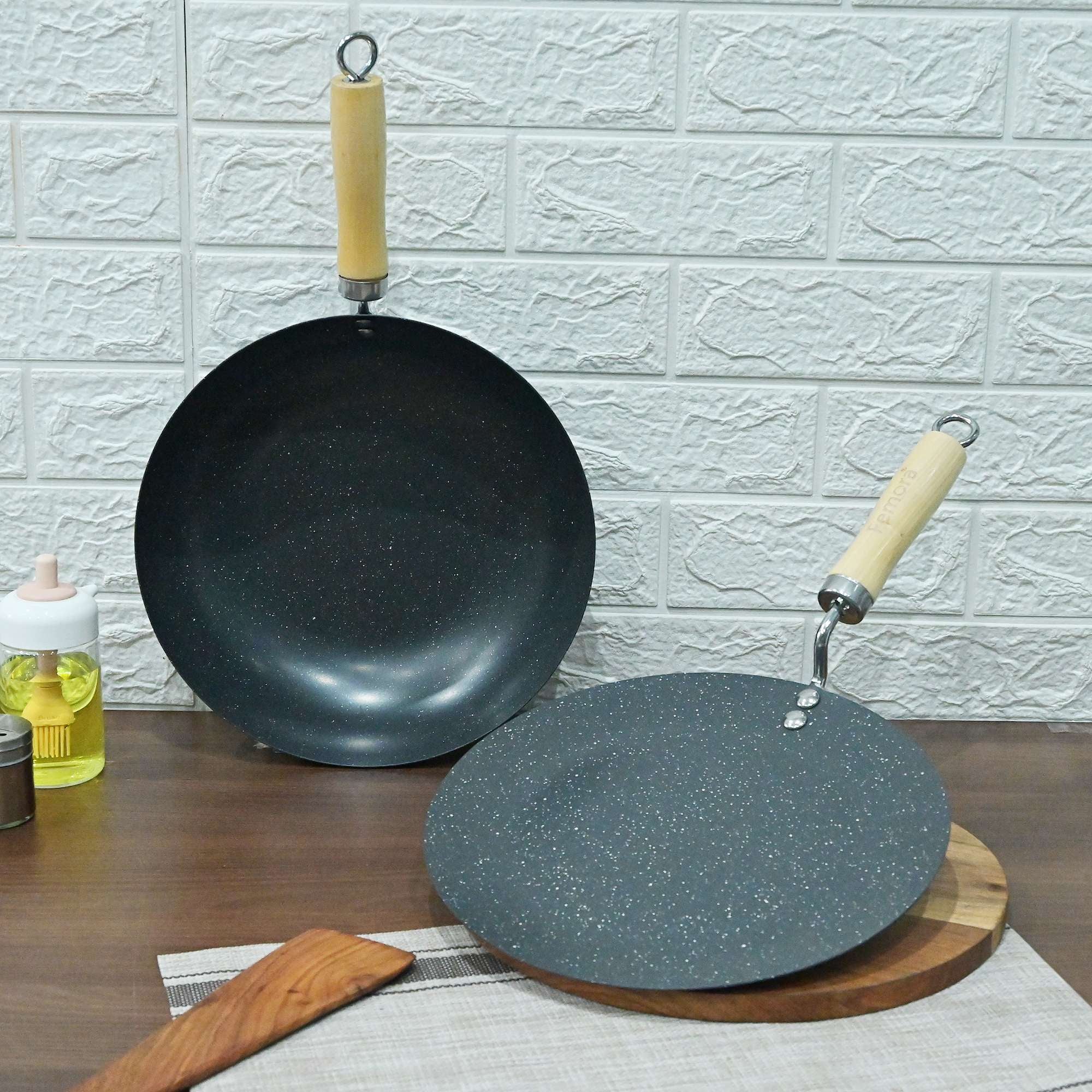 Wok:-Diameter: 28 CM, Side Wall Height:- 8 CM, Length with Handle:- 45.5 CM. Roti Tawa- Diameter: 28 CM. Length with Handle:- 47 CM. Package Content:- 1 Wok+ 1 Roti Tawa