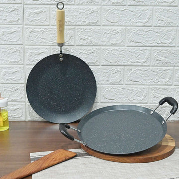 Femora Set of 2 Non-Stick Cookware Set |3 Layer Non-Stick Coating | Carbon Steel Dosa Tawa 33 CM Both Side Handle | Roti Tawa 28 CM