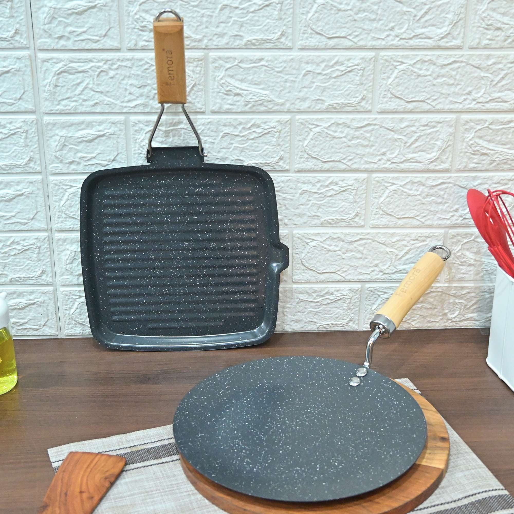 Femora Set of 2 Non-Stick Cookware Set |3 Layer Non-Stick Coating | Carbon Steel Grill pan 24 CM | Roti Tawa 28 CM