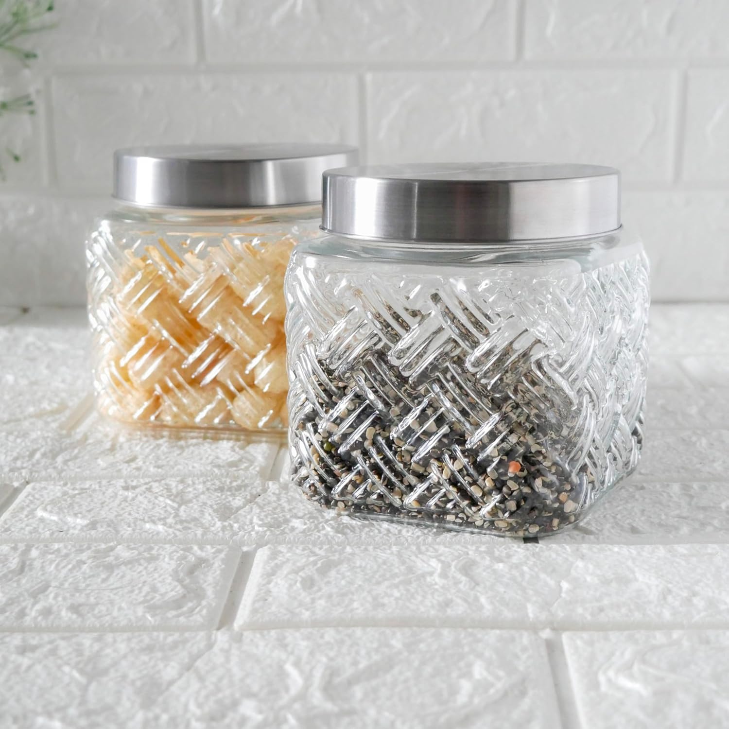 Embossed Glass Jar, Kitchen Storage Jar, Square Jars, Airtight Steel Lid,