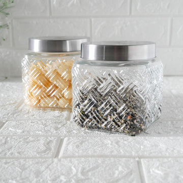 Embossed Glass Jar, Kitchen Storage Jar, Square Jars, Airtight Steel Lid,