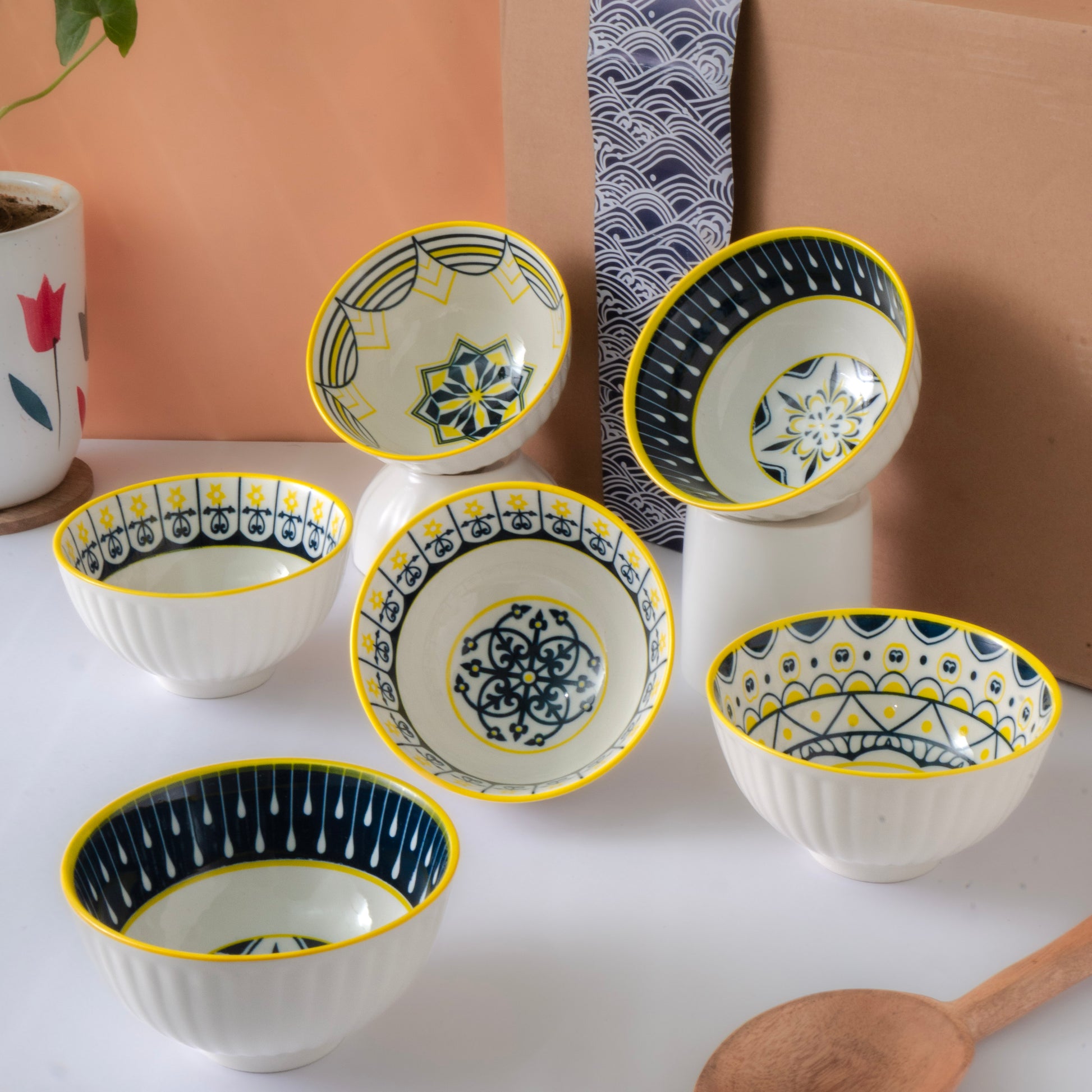 Femora Ceramic Bowl Set of 6| Elegant Serving Bowls, Gift-Pack Ideal for Gifting Mandana Print