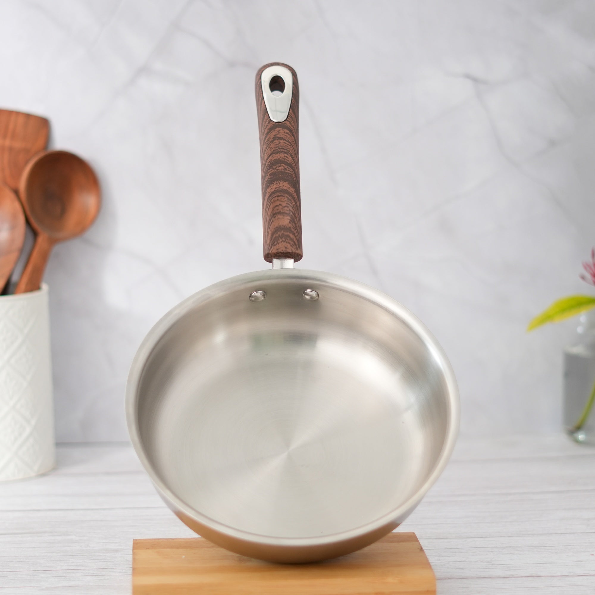 Femora Fry Pan, Bonded Tri-Ply Bottom with Smooth wooden Handle, Silver, Zero Coating, Health Safe