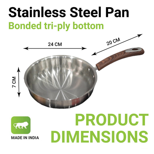 Femora Fry Pan, Bonded Tri-Ply Bottom with Smooth wooden Handle, Silver, Zero Coating, Health Safe