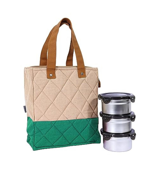 Stainless Steel Lunch Box Green Canvas Bag Femora, 350 ML, 3 Pcs