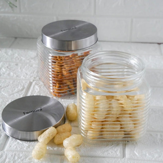 Embossed Line Glass Jar, Kitchen Storage Jar, Square Jars, Airtight Steel Lid