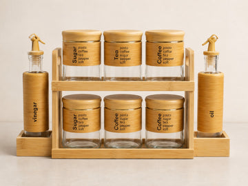 Femora Kitchen Organizer Set | 6 Glass Spice Jars 450ml + 2 Oil Dispenser Bottles 320ml + 2-Tier Bamboo Rack | Airtight, Leak-Proof, Eco-Friendly
