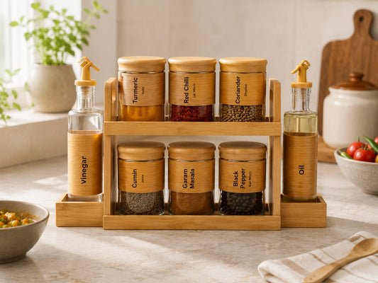 Femora Kitchen Organizer Set | 6 Glass Spice Jars 450ml + 2 Oil Dispenser Bottles 320ml + 2-Tier Bamboo Rack | Airtight, Leak-Proof, Eco-Friendly