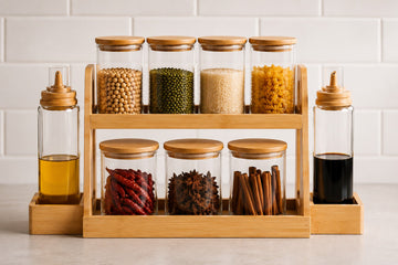 Glass Kitchen Organizer Set with 2-Tier Bamboo Rack | 4 Large Storage Jars 400ml + 3 Small Spice Jars 220ml + 2 Oil Dispenser Bottles 550ml | Airtight Bamboo Lid Containers for Kitchen Storage