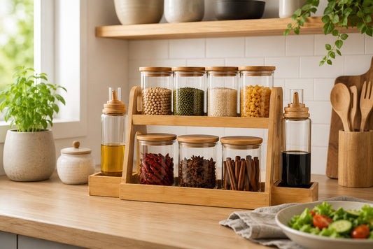 Glass Kitchen Organizer Set with 2-Tier Bamboo Rack | 4 Large Storage Jars 400ml + 3 Small Spice Jars 220ml + 2 Oil Dispenser Bottles 550ml | Airtight Bamboo Lid Containers for Kitchen Storage