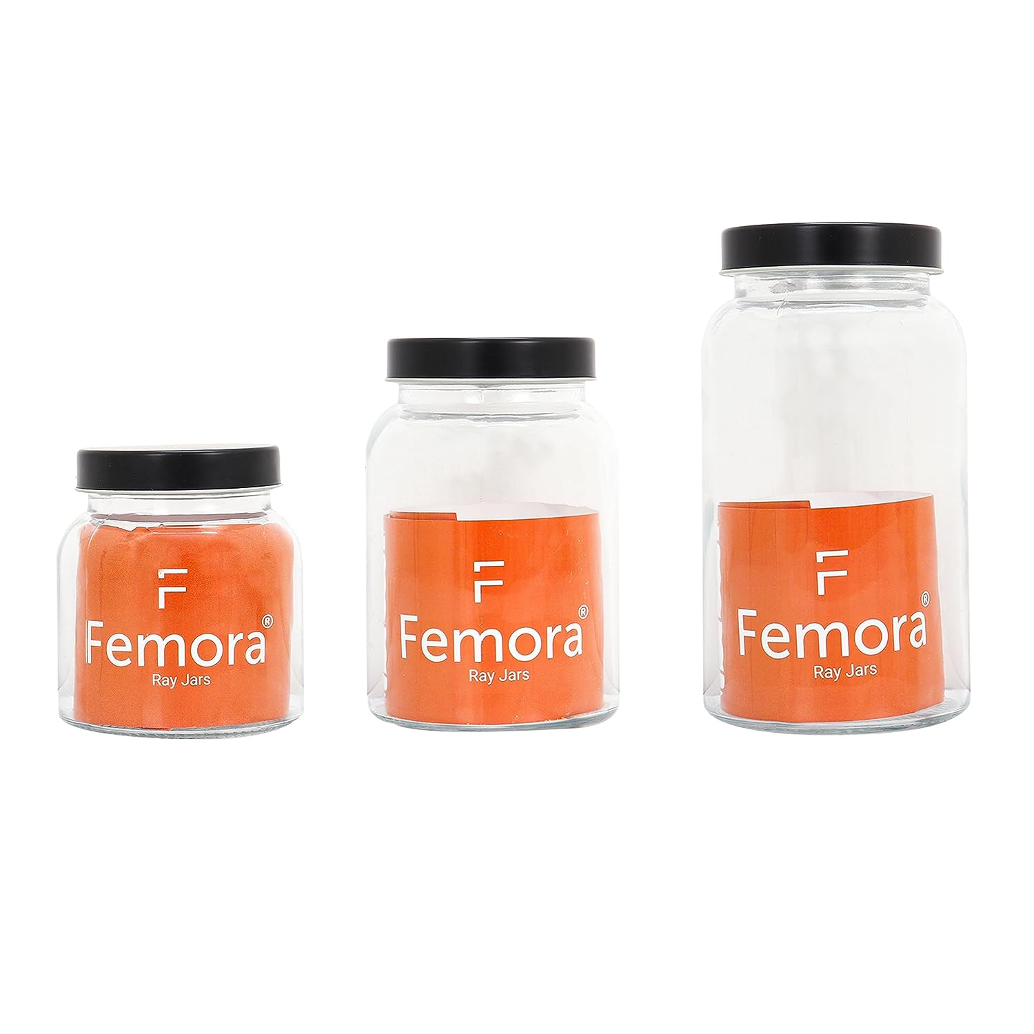 Femora Clear Glass Jar for Kitchen Storage Black Lid, 700, 1000, 1500 ml,3 Pcs Set, Free Replacement of Lids