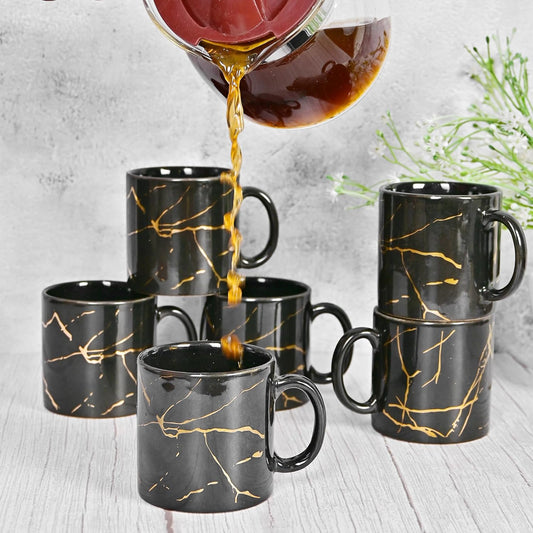 Marble Gold Design Ceramic Coffee Mug, Tea cups, Stackable, Chip Resistant, 180 ML, Pack of 6, Black