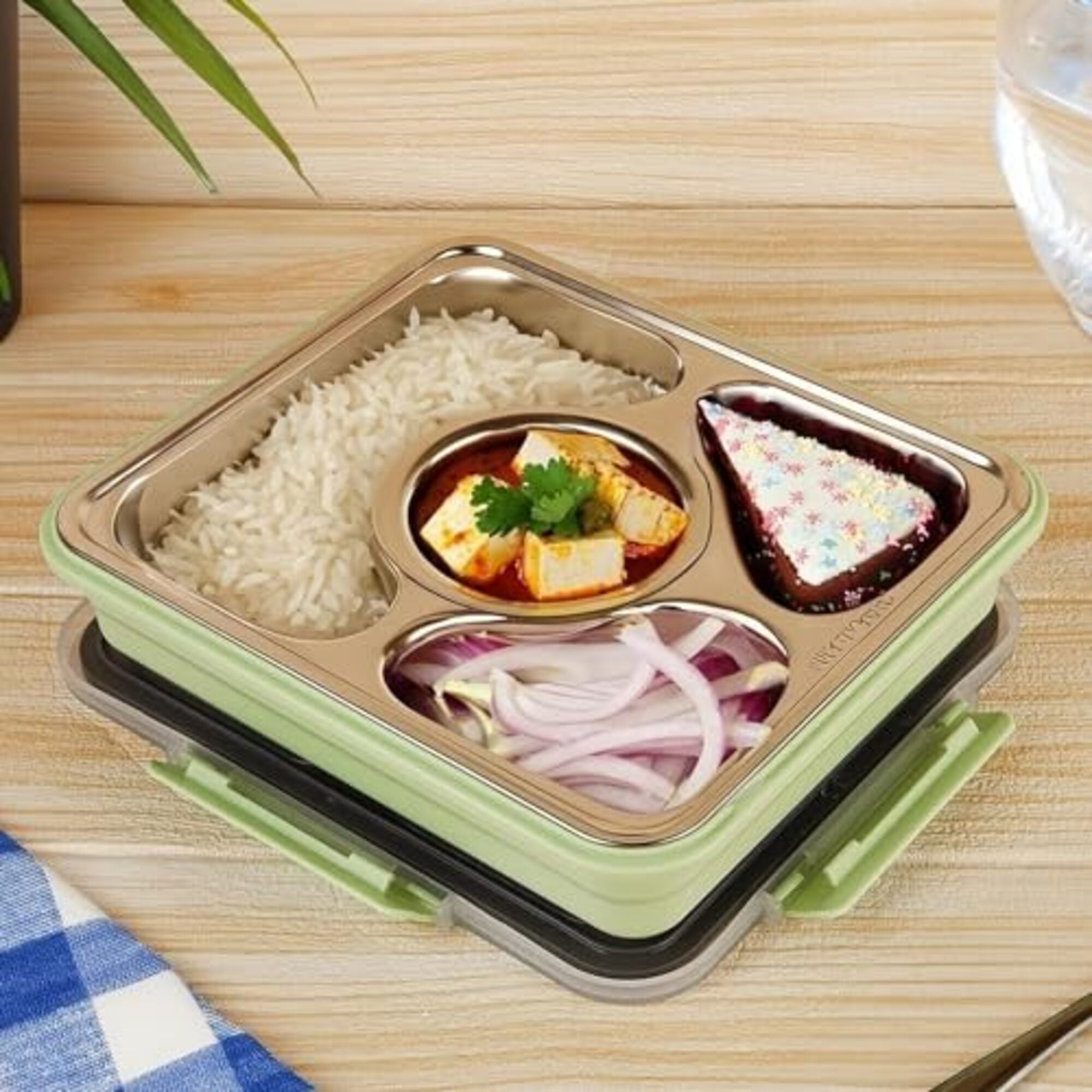 Stainless Steel Lunch Box Thali Set With Bag , Femora, 1 Pcs, Green