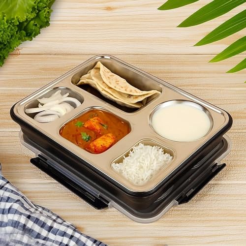 Stainless Steel Lunch Box Thali Set With Bag, Femora, 1 Pcs, Black