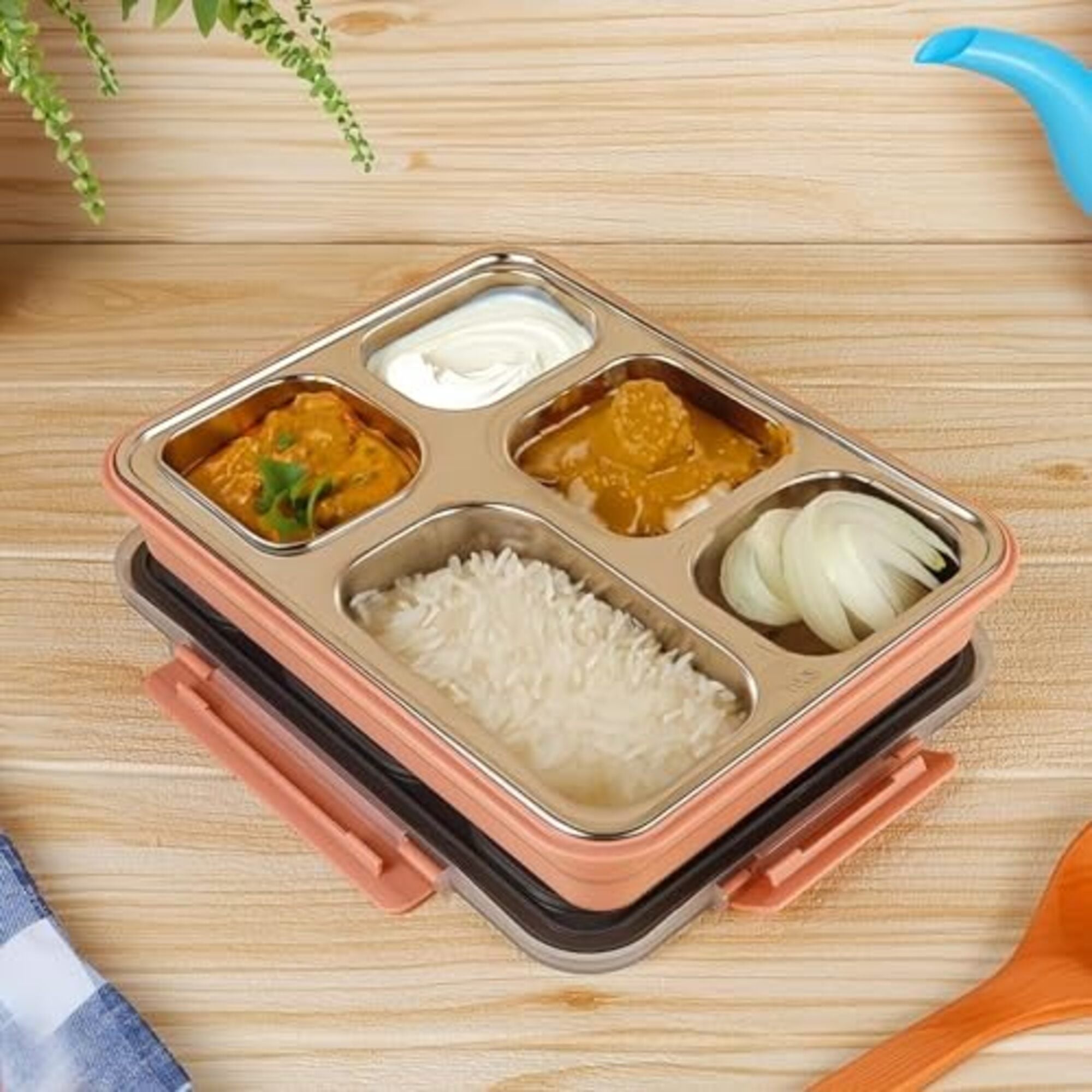 Stainless Steel Lunch Box Thali Set With Bag, Femora, 1 Pcs, Pink