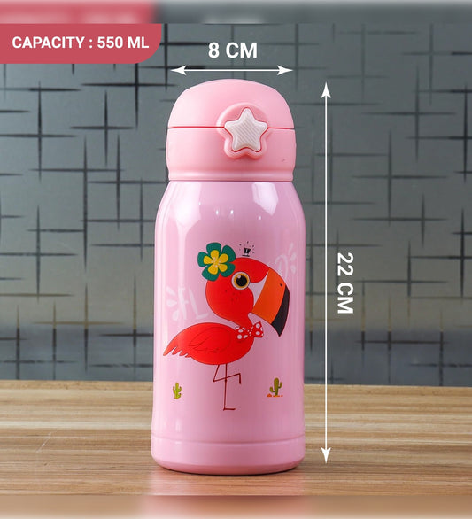 Stainless Steel Kids Flamingo Design Hot & Cold Thermo Steel Pink Water Bottle, 550 ML, Femora