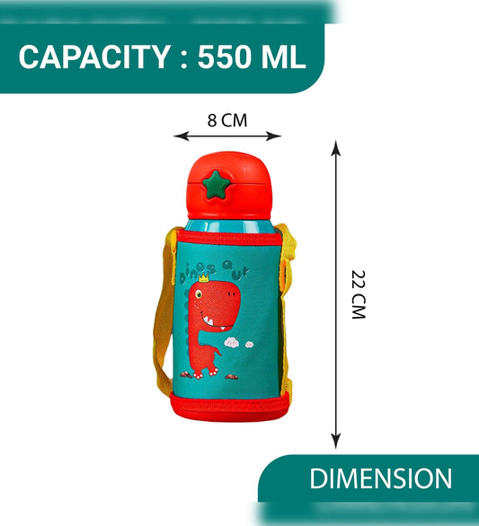Stainless Steel Kids Crown Dinosaur Design Hot & Cold Thermo Steel Green Water Bottle, 550 ML, Femora