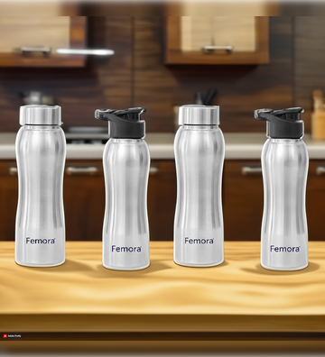 Stainless Steel Water Bottle with Sipper Cap & Steel Lid, 750ML, 4 Pcs,  Femora