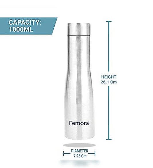 Stainless Steel Water Bottle with Steel Lid, 1000ML, 2 Pcs,  Femora