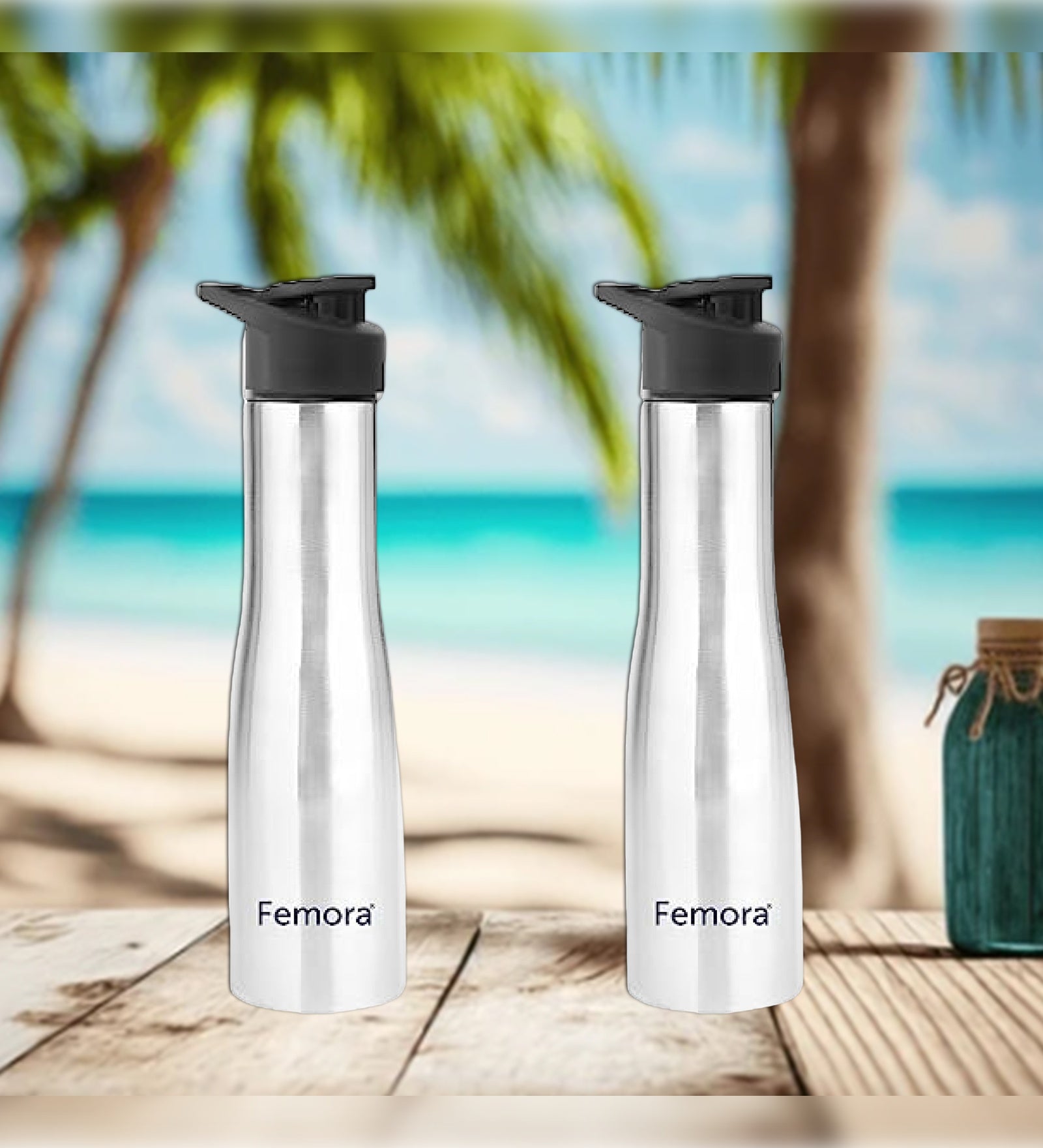 Stainless Steel Water Bottle with Sipper Cap, 1000ML, 2 Pcs,  Femora