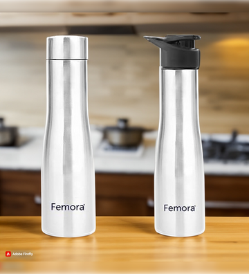 Stainless Steel Water Bottle, Fridge Bottle with Steel Cap & Sipper Cap- 1000 ML,, 2 Pcs, Femora