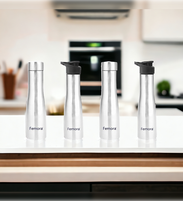 Stainless Steel Water Bottle, Fridge Bottle with Steel Cap & Sipper Cap- 1000 ML,4 Pcs, Femora