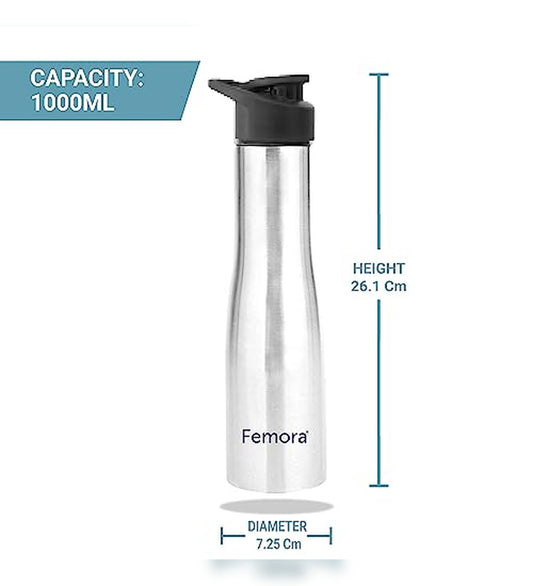 Stainless Steel Water Bottle, Fridge Bottle with Steel Cap & Sipper Cap- 1000 ML,1 Pcs, Femora