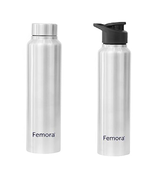 Stainless Steel Water Bottle, Fridge Bottle with Steel Cap & Sipper Cap, 1000ML, Femora