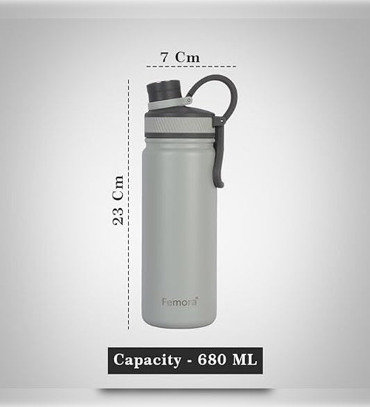 Stainless Steel Aquaburst Sport-Sip Vacuum Insulated Flask Water Bottle , 680 ML, Grey, 1 Pcs, Femora