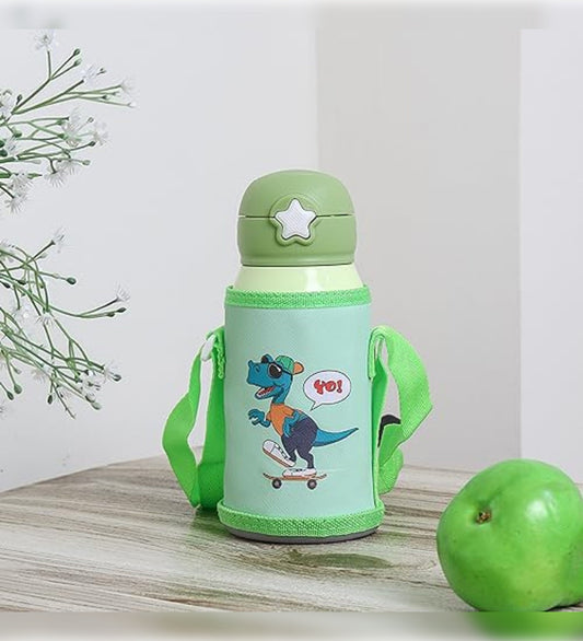 Stainless Steel Kids Dino Design Hot & Cold Thermo Steel Green Water Bottle, 550 ML, Femora