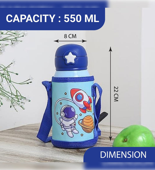 Stainless Steel Kids Galaxy World Design Hot & Cold Thermo Steel Blue Water Bottle, 550 ML, Femora